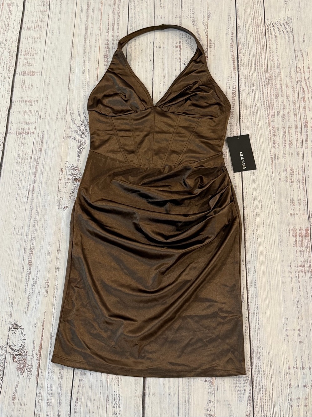 Liz & Sara Brown Satin Halter Mini dress Homecoming Prom Formal Dance Size M.